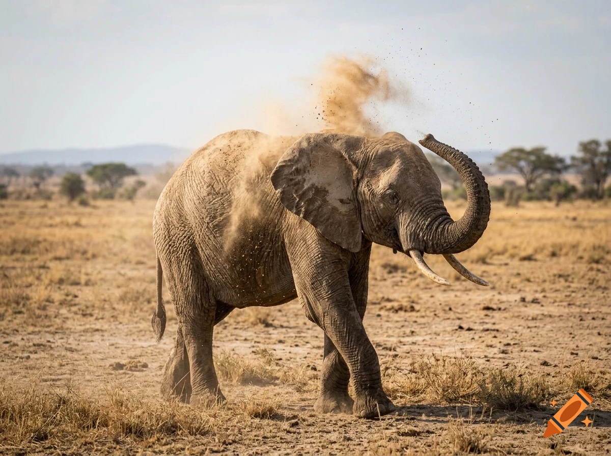 An elephant kicking up dust in a dry savanna landscape.
