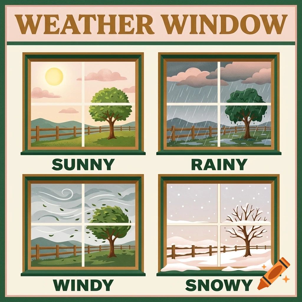 An educational illustration titled 'Weather Window' with four panels showing a tree and landscape through a window during sunny, rainy, windy, and snowy conditions.