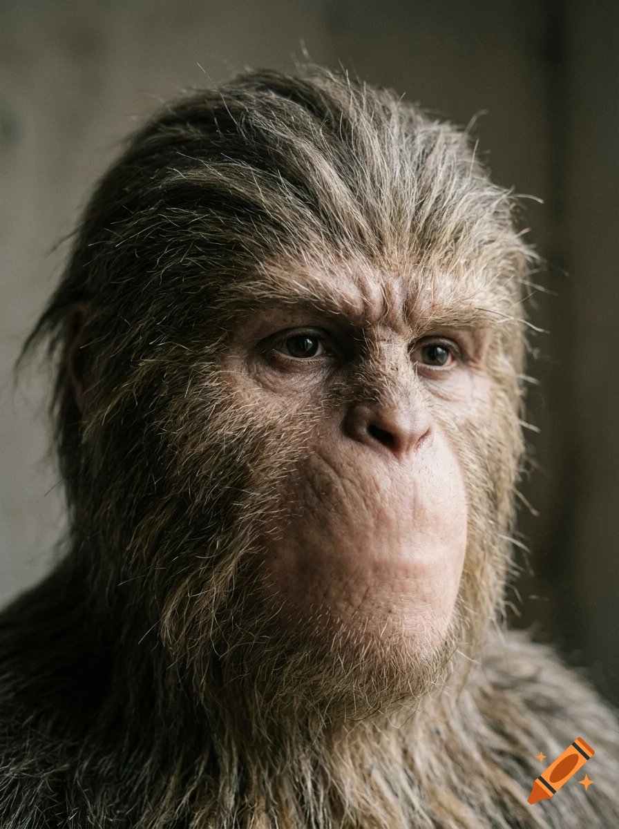 Close-up photorealistic portrait of a furry ape-like creature with a smooth, sealed mouth.
