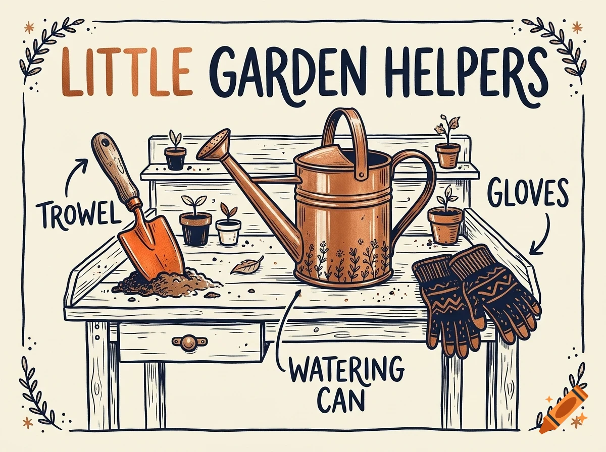 An illustrated diagram titled Little Garden Helpers showing a trowel, watering can, and gloves on a potting bench with small potted seedlings.
