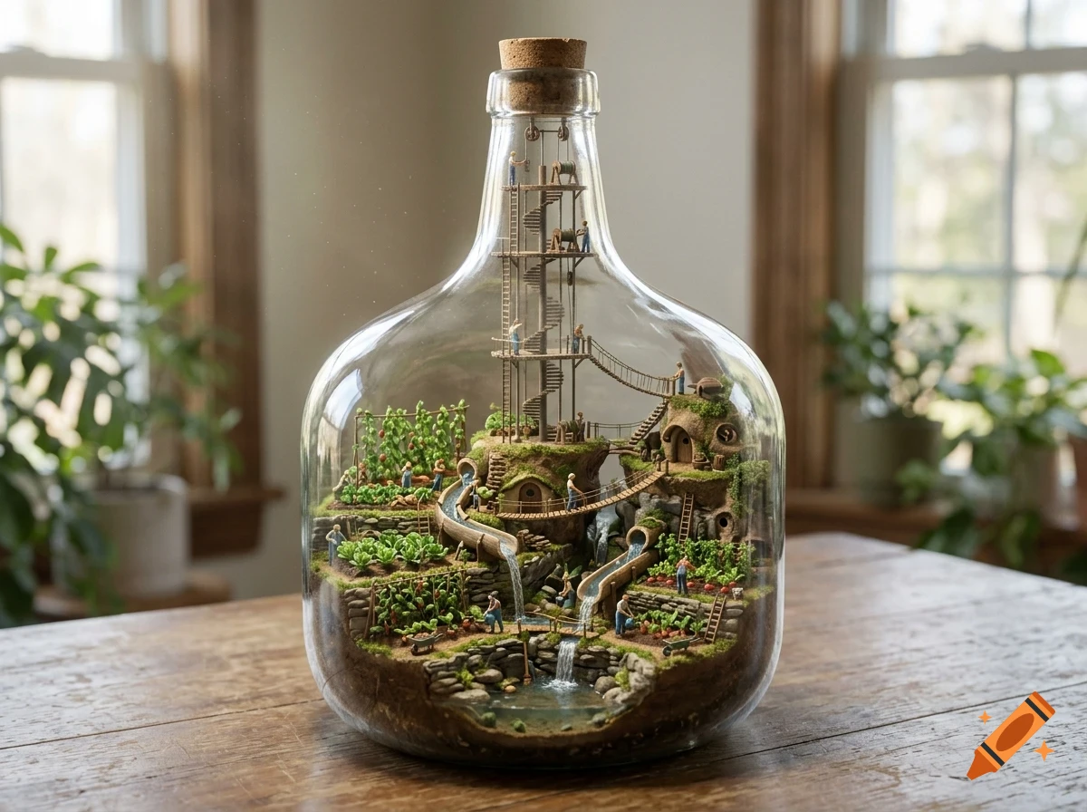 A detailed miniature world inside a large glass bottle on a wooden table, featuring tiny people tending to terraced gardens, houses, bridges, and a small waterfall.