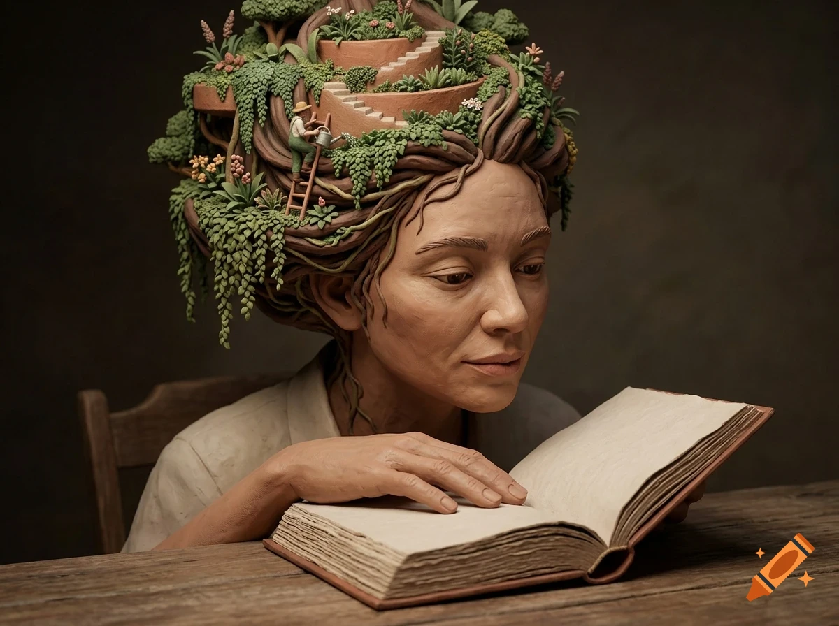A sculpture of a woman reading a book, with her hair styled as a terrarium garden containing miniature stairs and a tiny gardener.