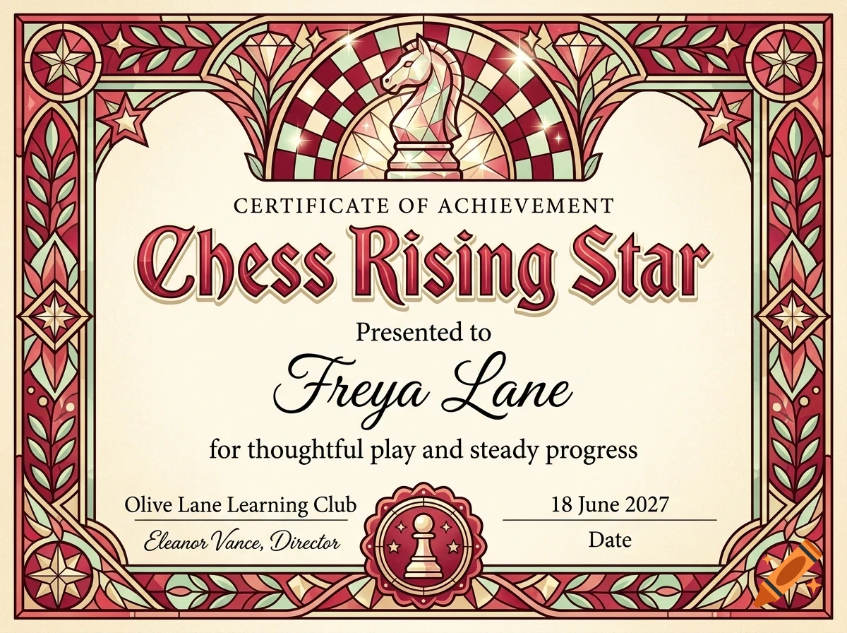 An ornate certificate of achievement for a Chess Rising Star, featuring a chess horse illustration and decorative border.
