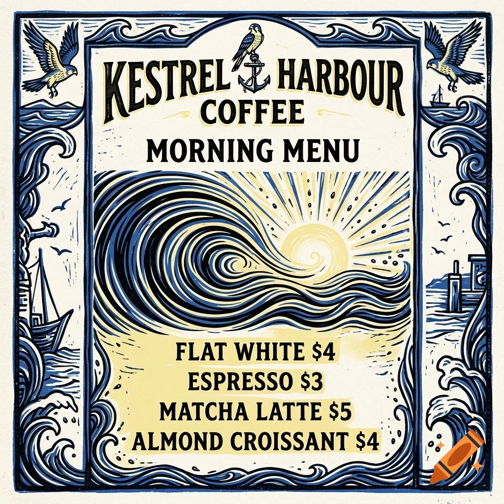 An illustrated morning menu for Kestrel Harbour Coffee featuring a large wave, sun, and nautical artwork in blue and cream tones.