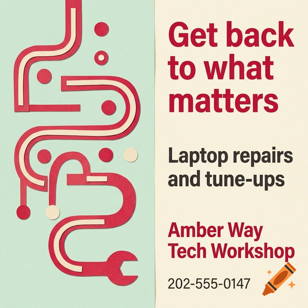 An advertisement for Amber Way Tech Workshop with text saying Get back to what matters, Laptop repairs and tune-ups, and a wrench icon.