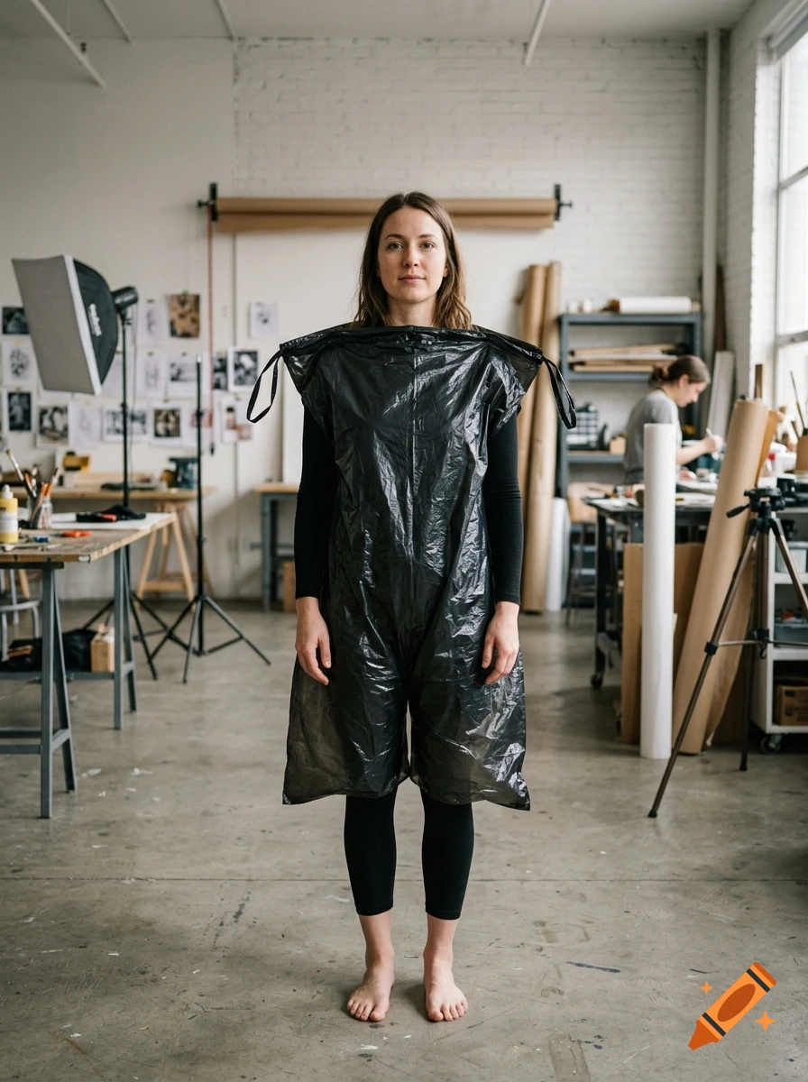 Photorealistic image of a woman standing in an art studio, wearing a black trash bag like a body suit.