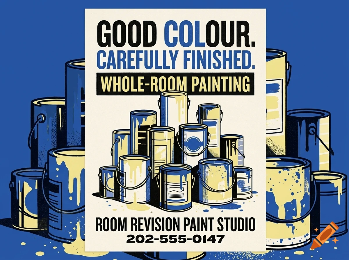 An illustrative poster for Room Revision Paint Studio featuring stacked paint cans and text.