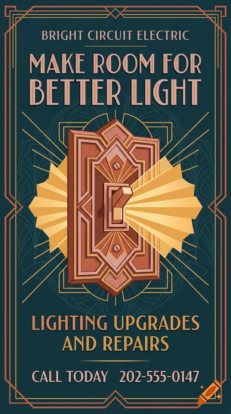An Art Deco style poster for Bright Circuit Electric featuring a decorative light switch and text.