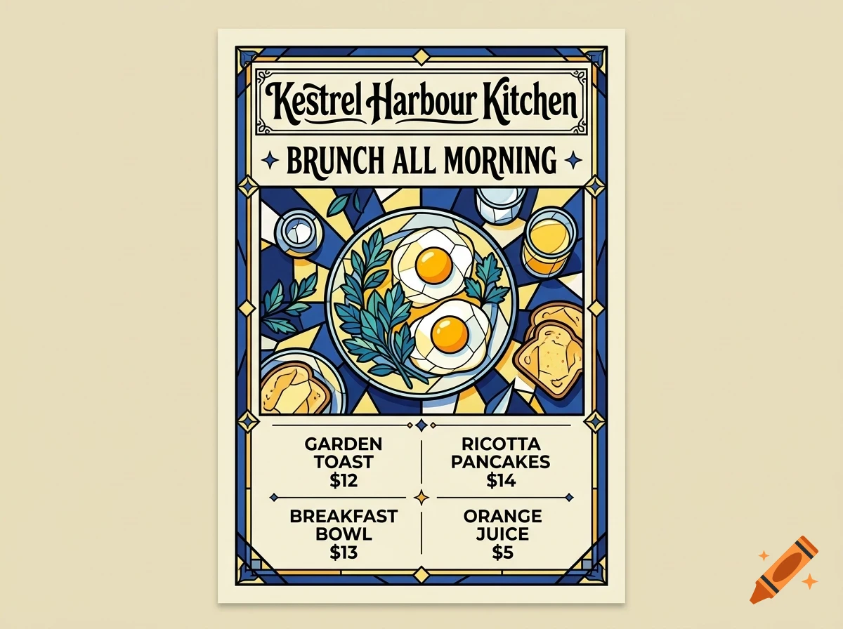 A menu poster for Kestrel Harbour Kitchen featuring brunch items, fried eggs, toast, and drinks in a blue and yellow stained glass art style.