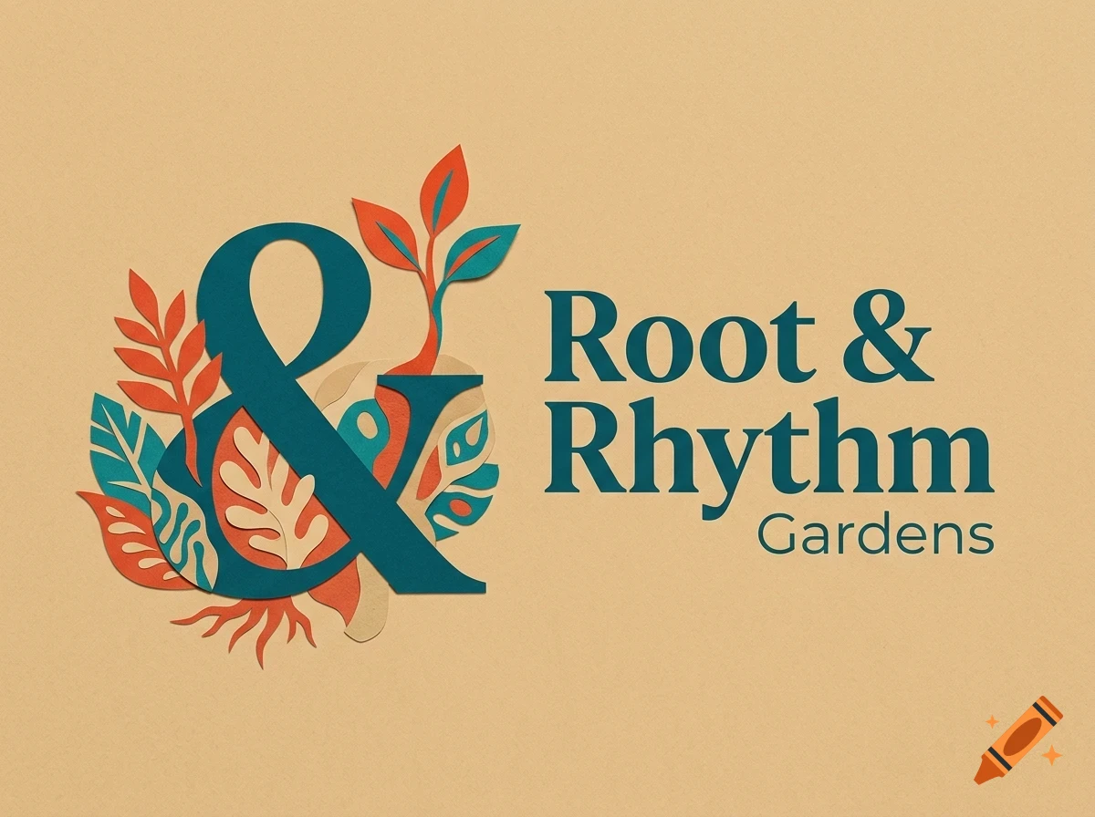 Logo featuring an ampersand surrounded by botanical elements and the text Root & Rhythm Gardens on a beige background.