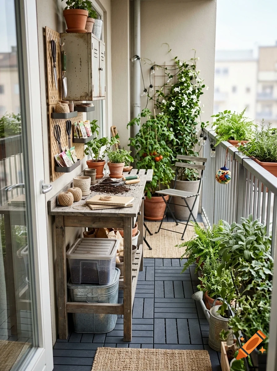 A narrow apartment balcony set up for gardening, featuring a wooden potting bench with tools, pegboard storage on the wall, and various potted plants and climbing vines.