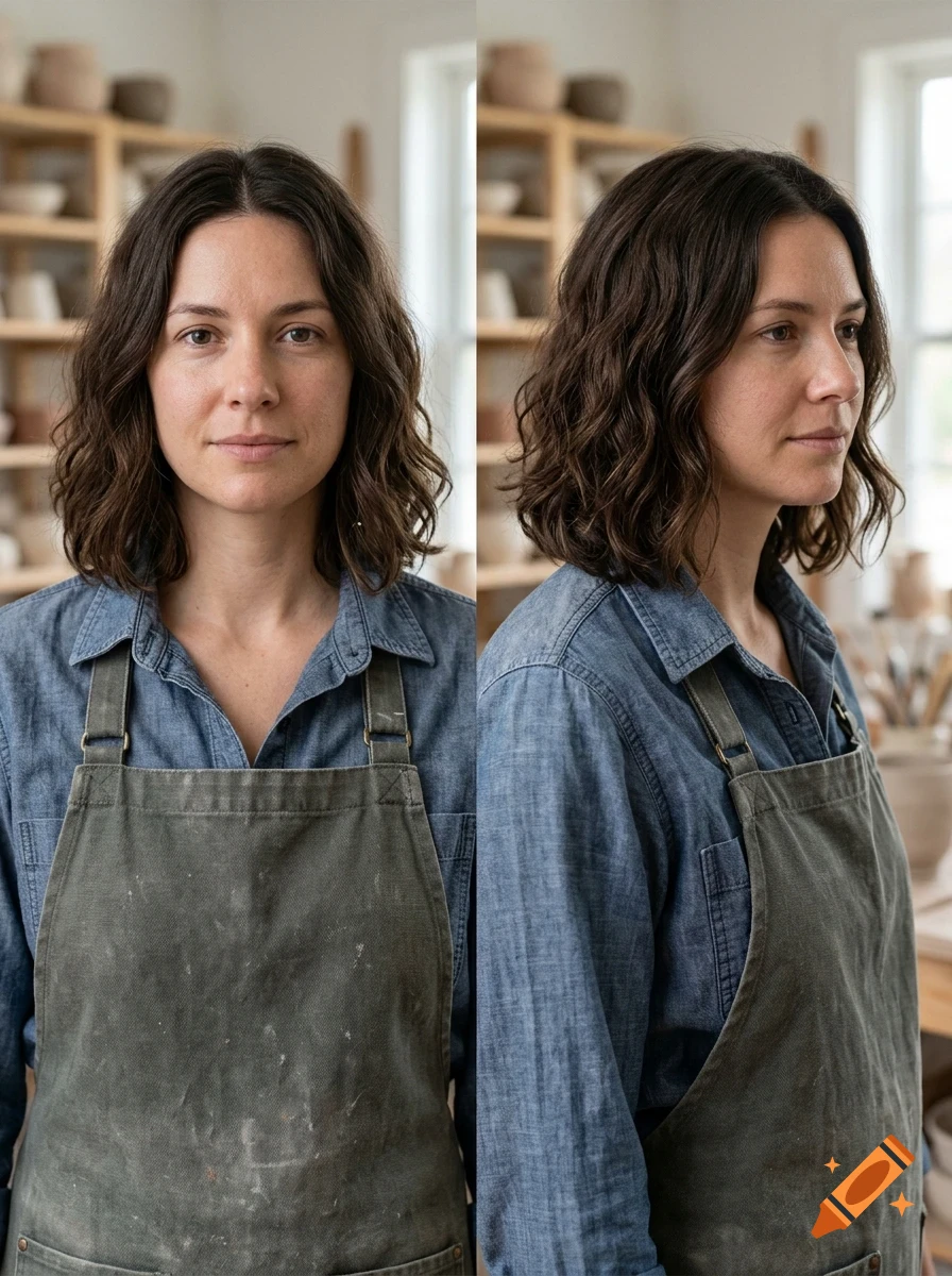 A woman with medium-length wavy brown hair wearing a blue shirt and a green apron, shown from the front and profile.