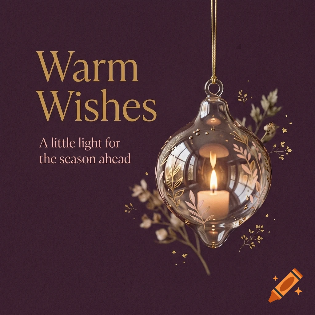 A glass hanging ornament containing a lit candle against a dark purple background with the text 'Warm Wishes A little light for the season ahead'.