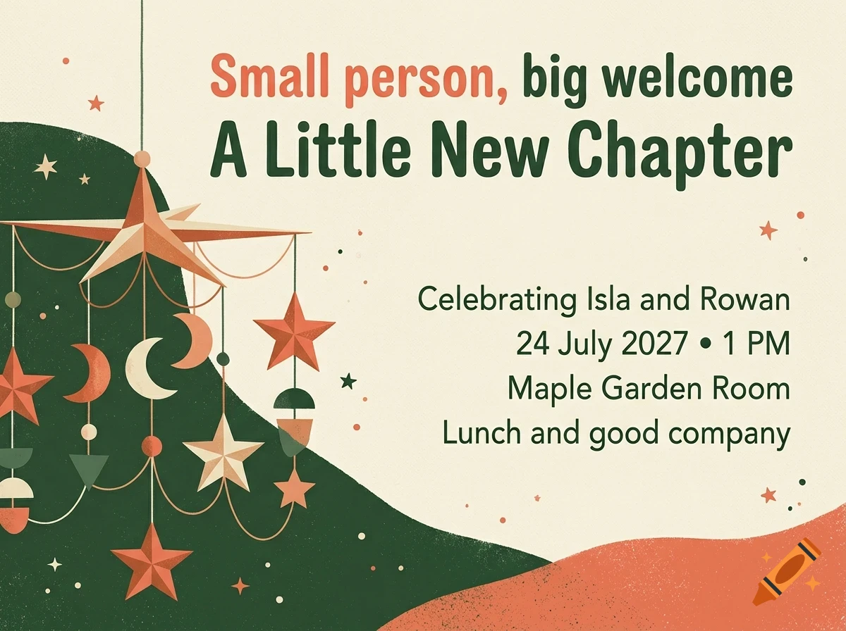 An invitation card with a mobile hanging with stars and moons, and the text Small person, big welcome and A Little New Chapter.