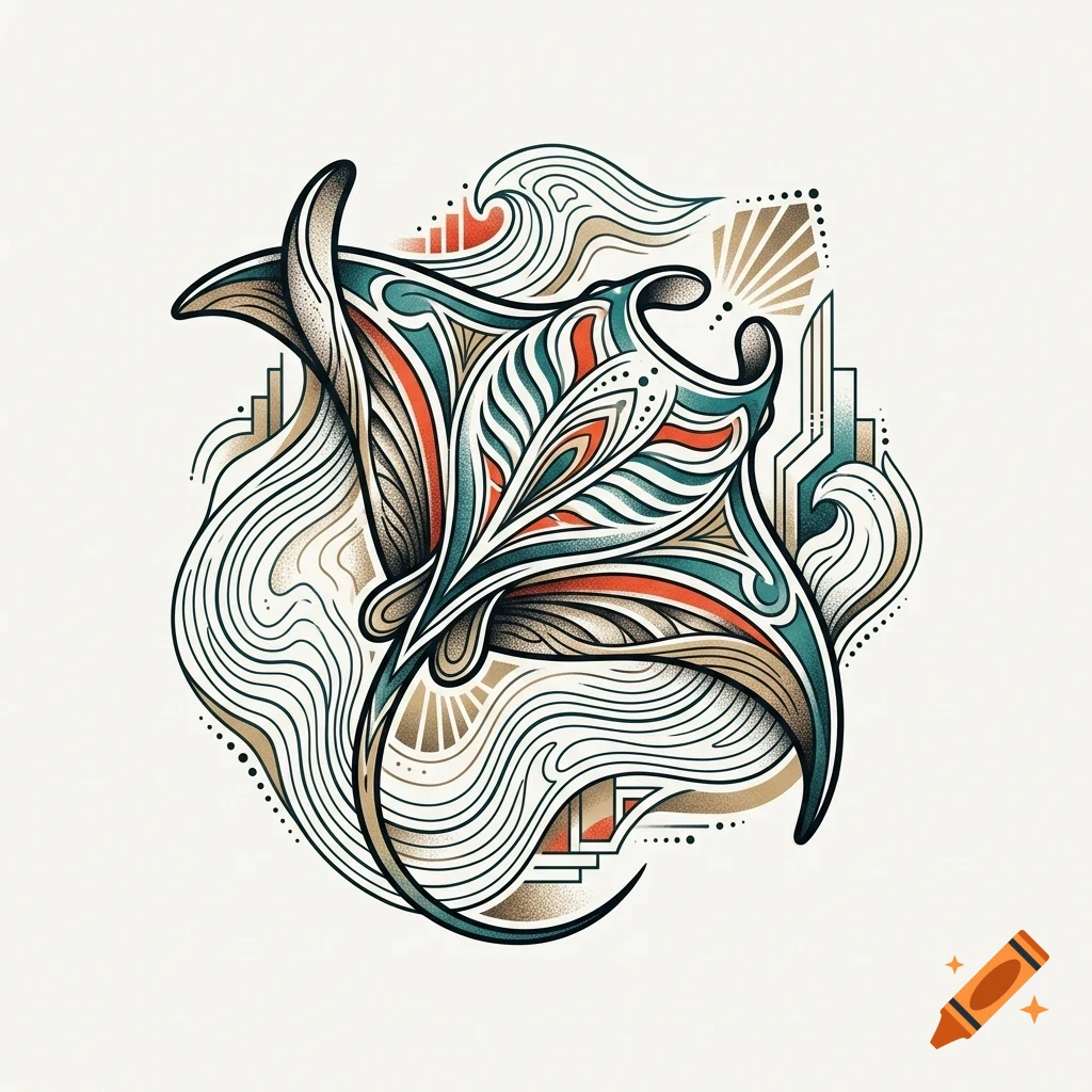 An ornate, decorative illustration of a stingray surrounded by abstract wave and geometric patterns in teal, orange, and tan.
