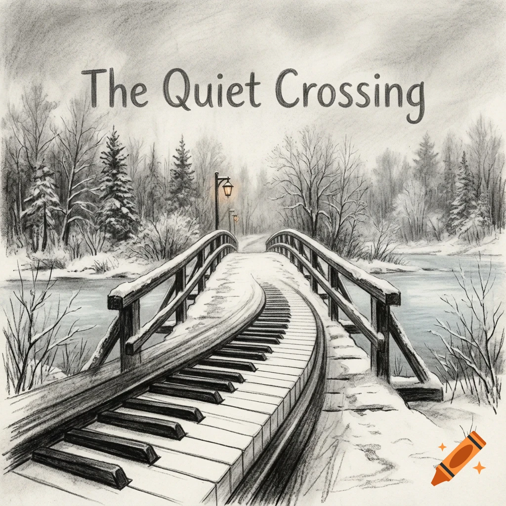 A pencil sketch of a snow-covered bridge shaped like piano keys crossing a river with trees and text that reads The Quiet Crossing.