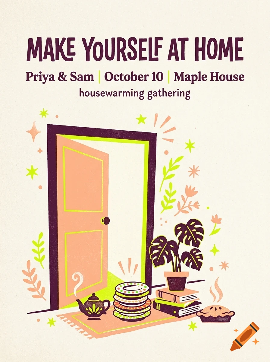An illustrated housewarming invitation featuring an open door, a stack of plates, books, a potted plant, a teapot, and a pie.
