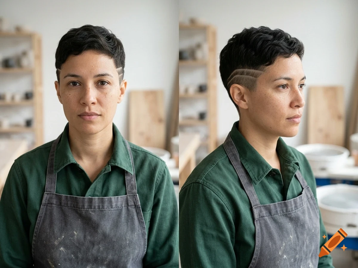 Two views, front and side, of a person with short dark hair and shaved lines on the side, wearing a green shirt and grey apron.