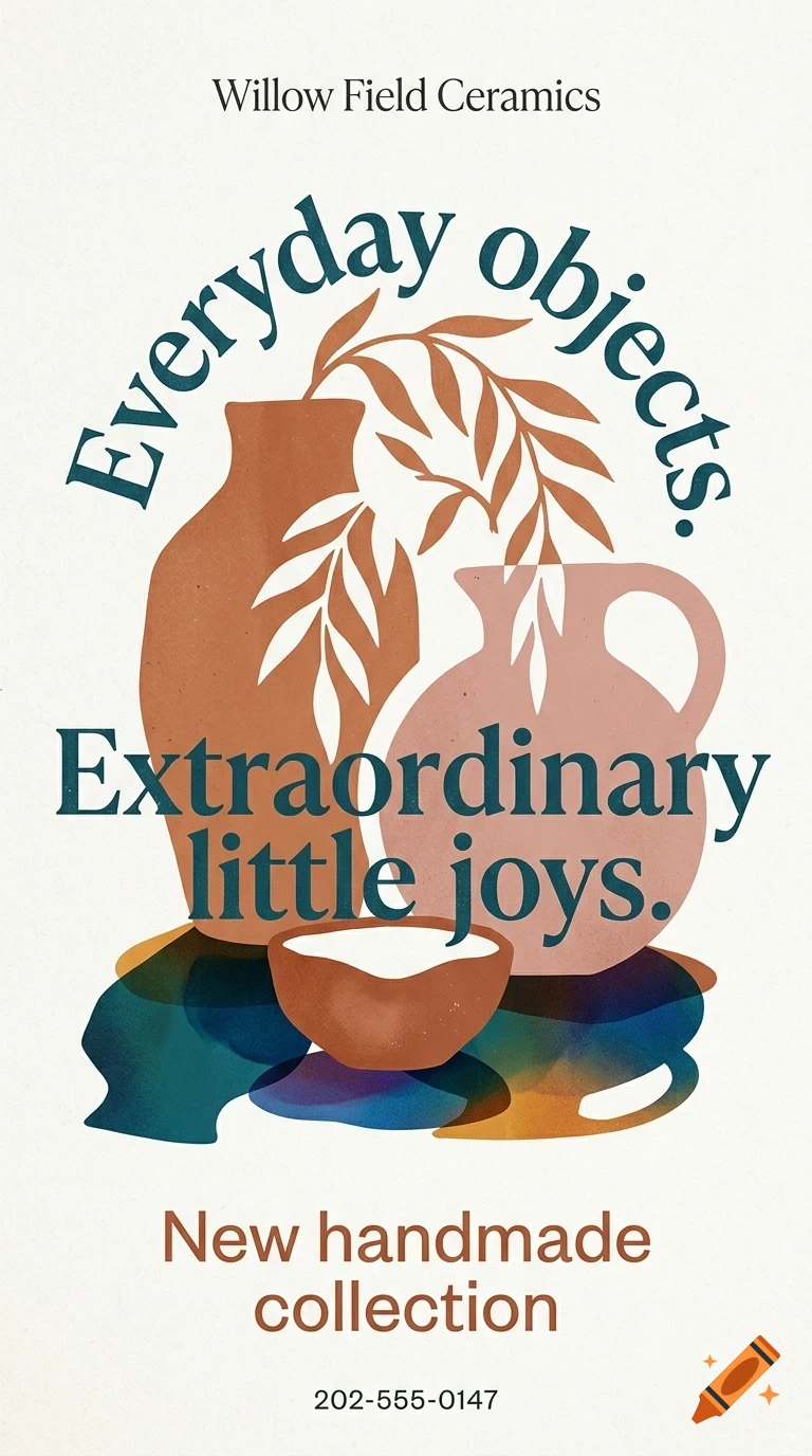 An illustrated promotional poster featuring ceramic vases, a bowl, foliage, and arched text reading Everyday objects, Extraordinary little joys.