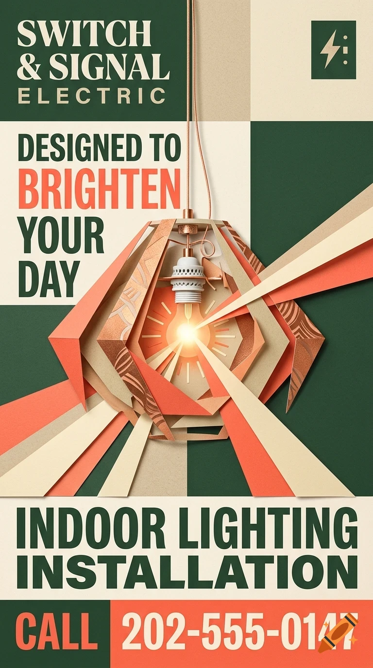 An advertisement for Switch & Signal Electric featuring an illustrated hanging papercraft light fixture and glowing lightbulb.
