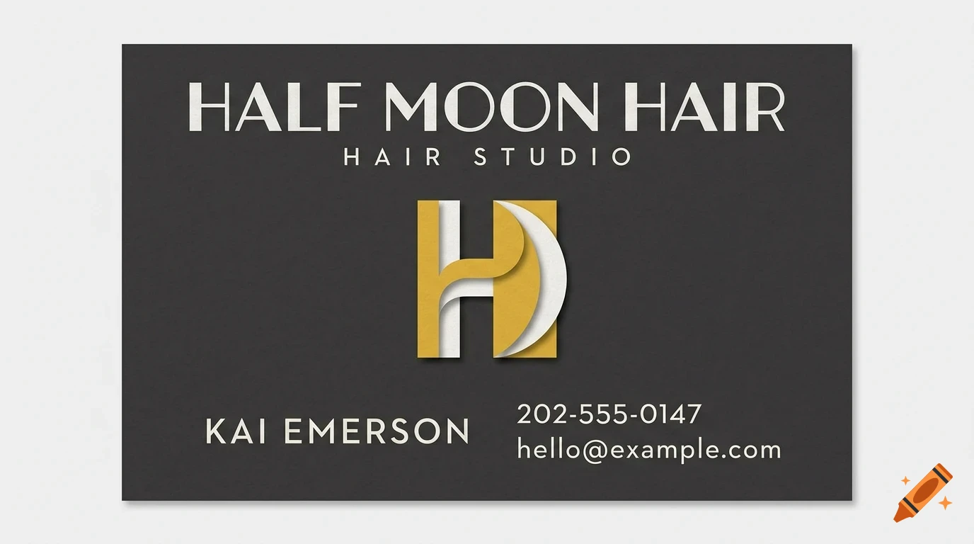 A business card for Half Moon Hair featuring a stylized letter H logo in yellow and white on a dark grey background.