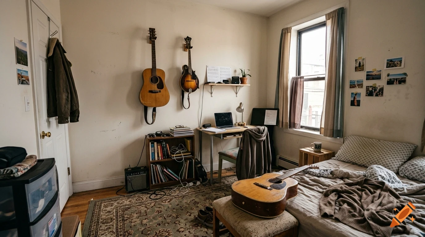 A cozy, lived-in bedroom featuring musical instruments, a small desk with a laptop, books, and a bed.