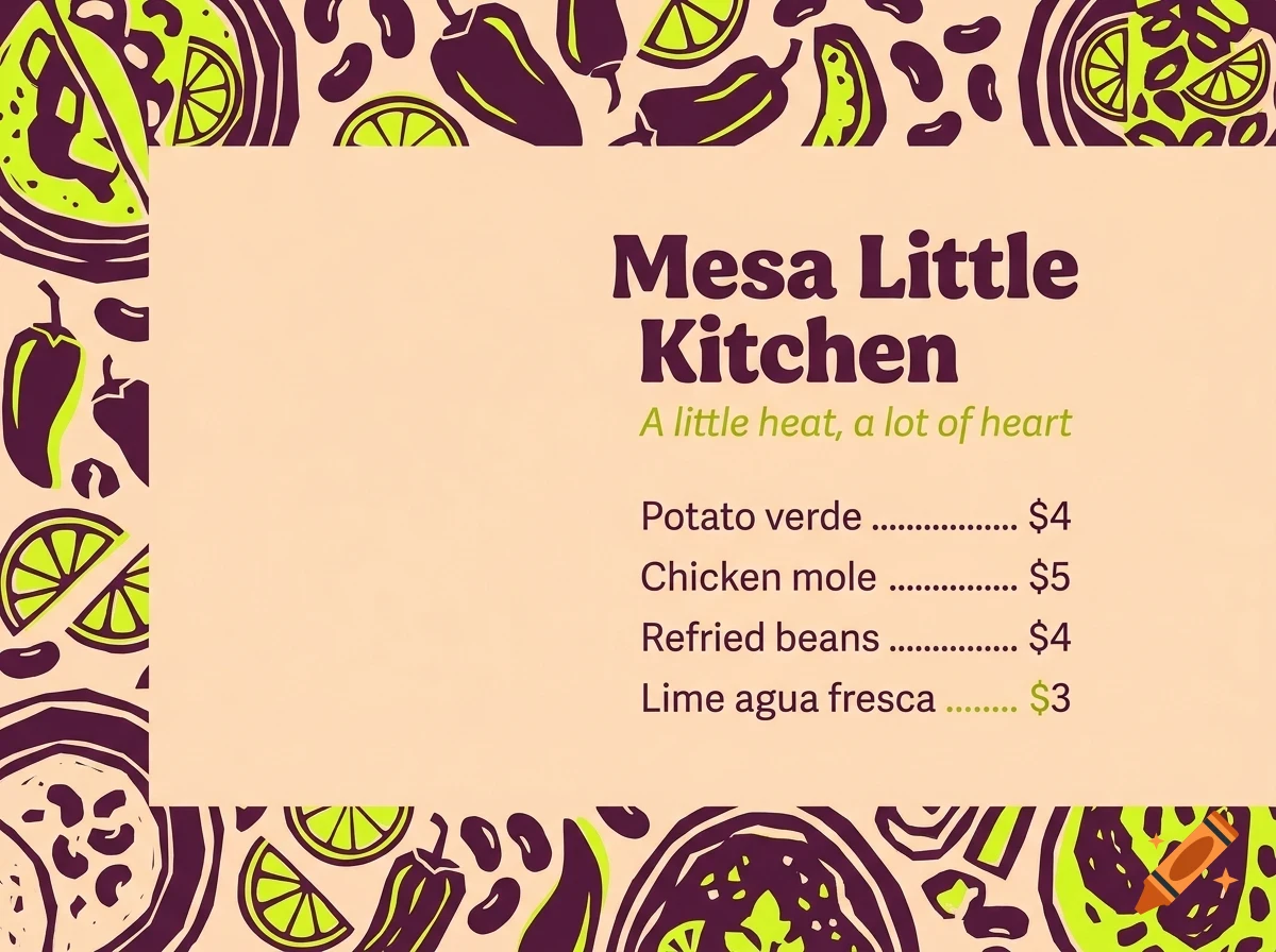 A menu for Mesa Little Kitchen featuring items like potato verde and chicken mole, framed by a border of illustrated peppers and lime slices.