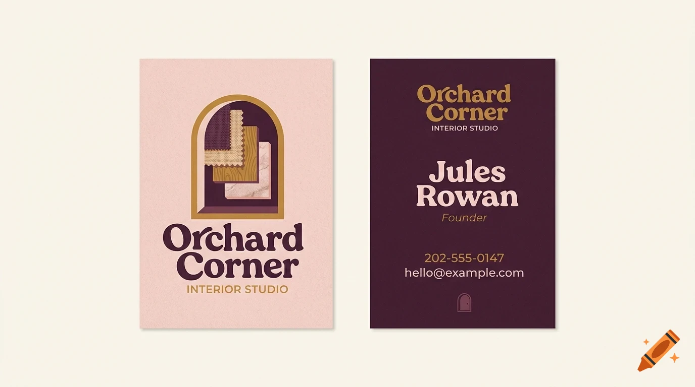 Two business cards for Orchard Corner Interior Studio, featuring a pink card with an arch logo and a dark purple card with typography and contact details.