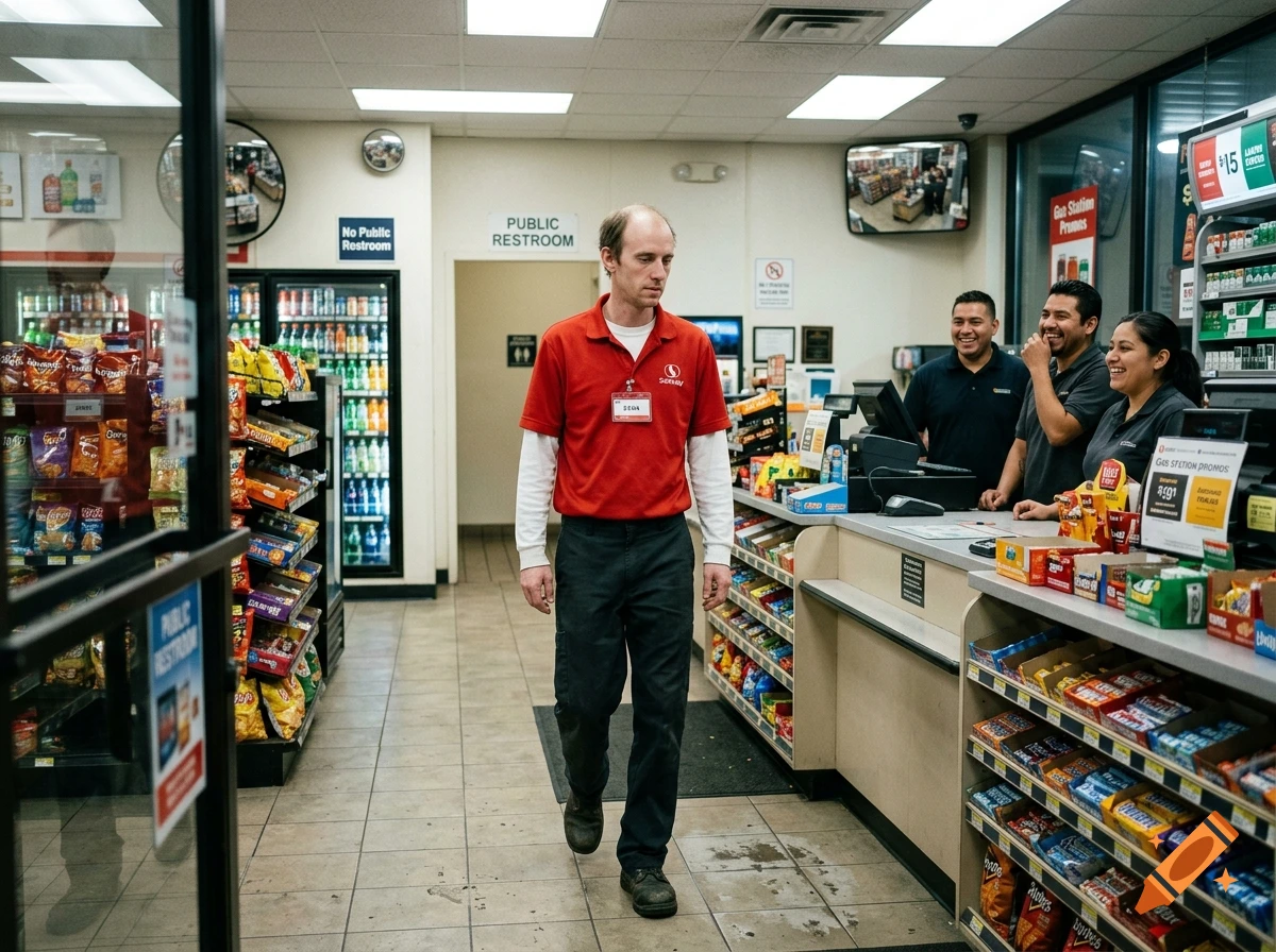 Photorealistic image of a man in a red store uniform walking through a brightly lit gas station while employees laugh behind the counter.