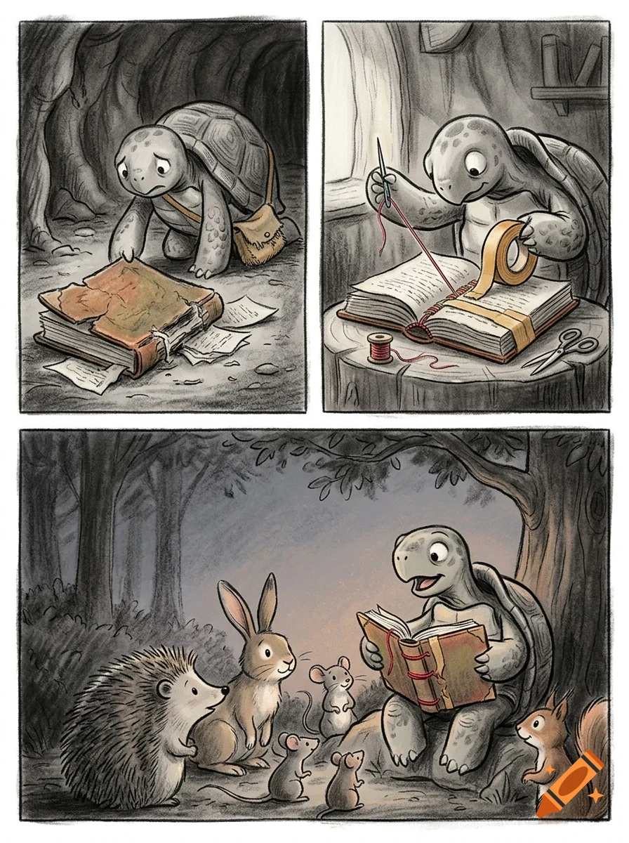 A comic strip showing a turtle finding a damaged book, repairing it with tape and thread, and then reading it to a group of woodland animals.