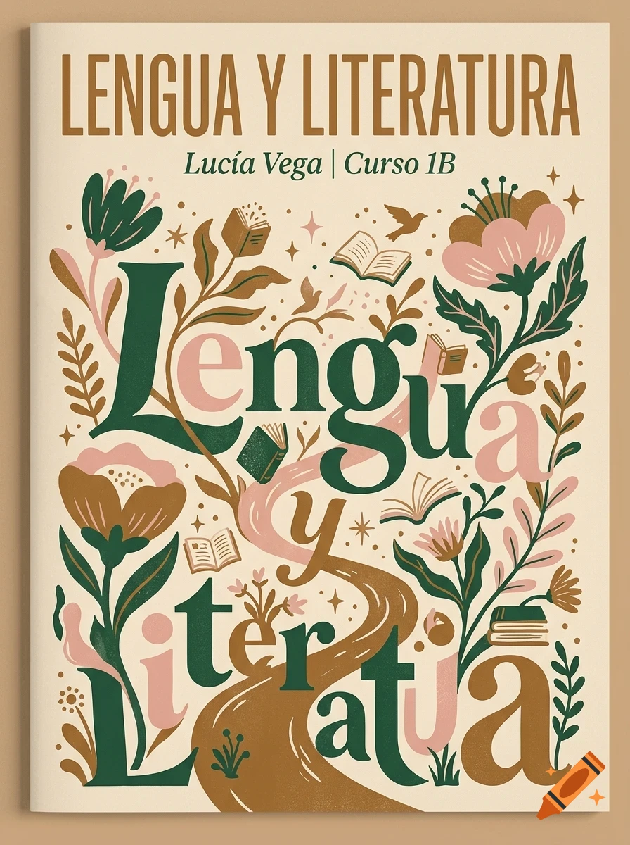 An illustrated cover for Lengua y Literatura featuring flowers, books, and decorative lettering.