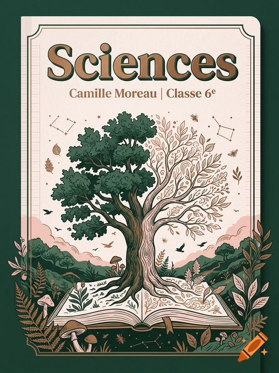 An illustrated science notebook cover featuring a central tree growing from an open book, with landscape elements and the text Sciences Camille Moreau | Classe 6e.