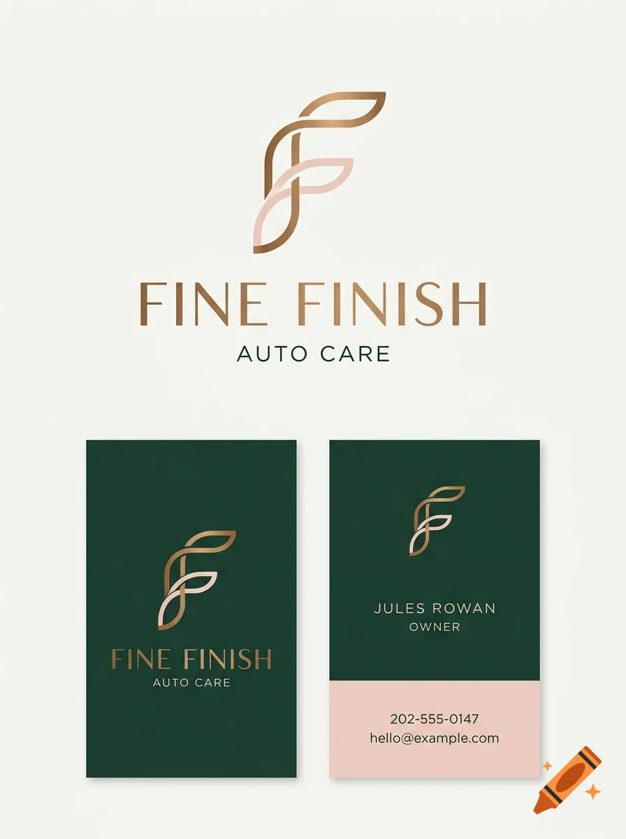 Branding mockup displaying a stylized letter F logo above the text Fine Finish Auto Care and two business cards.