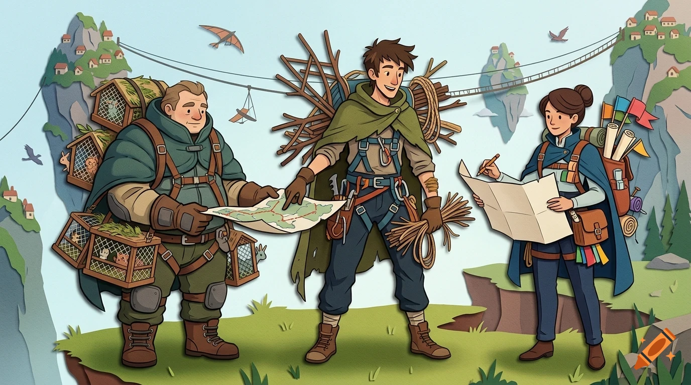 Illustration of three adventurous people in fantasy traveling gear looking at maps against a backdrop of floating islands.
