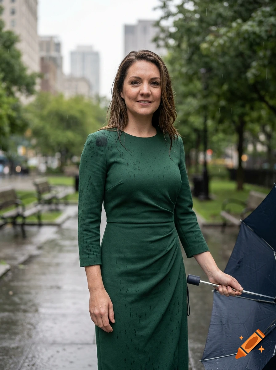Photorealistic portrait of a woman in a green dress holding an umbrella outdoors in a park on a rainy day.