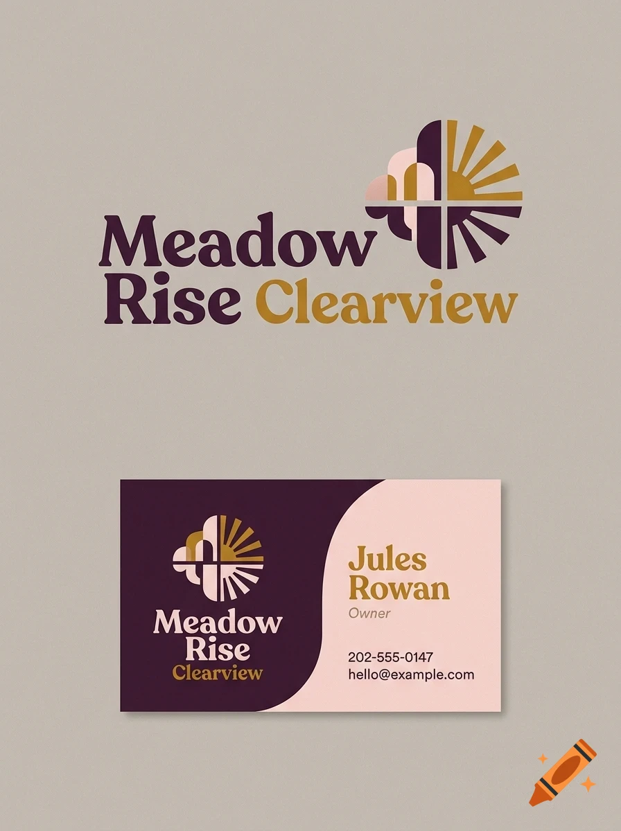 A business card and logo design featuring the text Meadow Rise Clearview with an abstract sun and landscape icon.