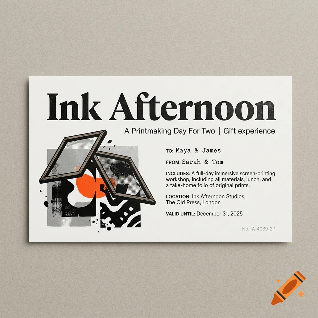 A gift experience voucher for an Ink Afternoon printmaking workshop featuring typographic text and screen-printing frame illustrations.