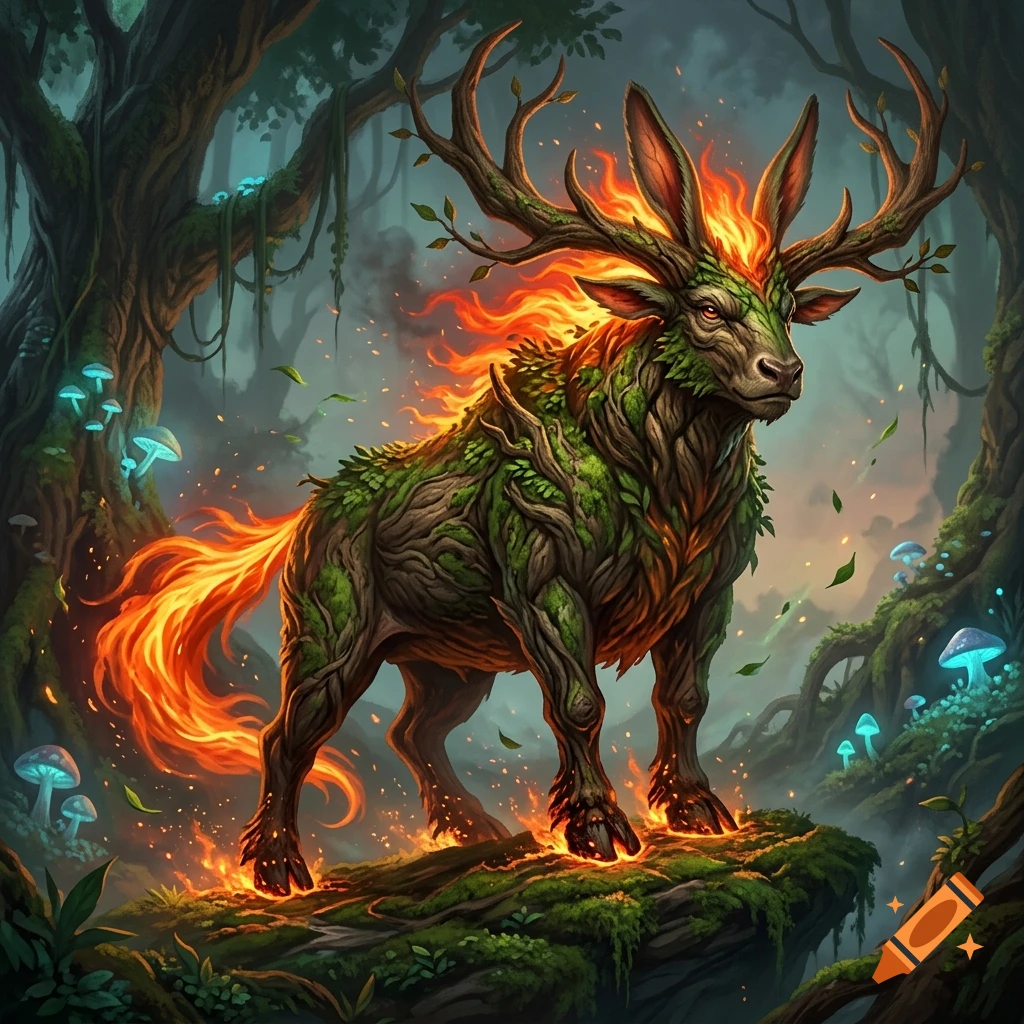 Fantasy digital art of a mythical creature with a wood-textured body, moss, a fiery mane, and antlers, standing in a glowing magical forest.