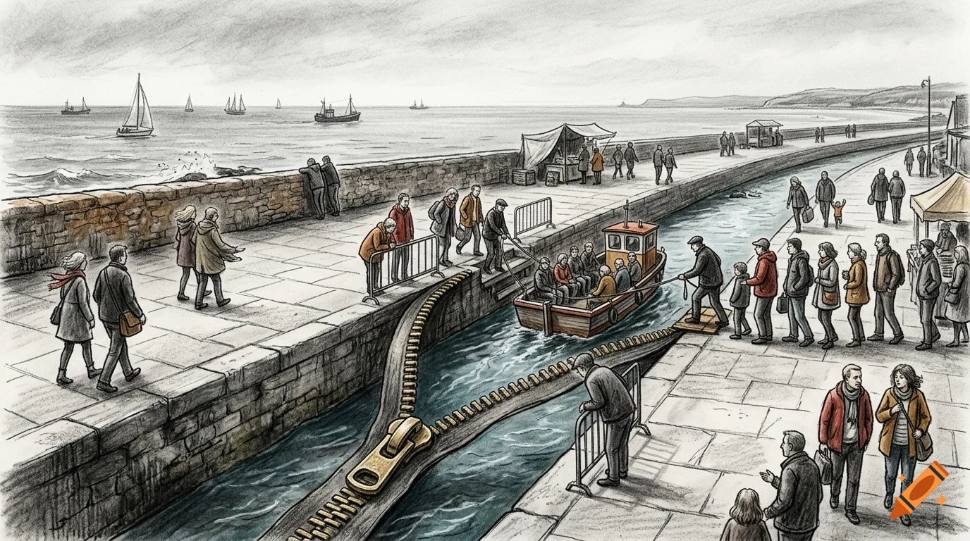 An illustrated surreal coastal scene where a large zipper unzips the water in a harbor, allowing a small boat to pass through as people walk along the promenade.
