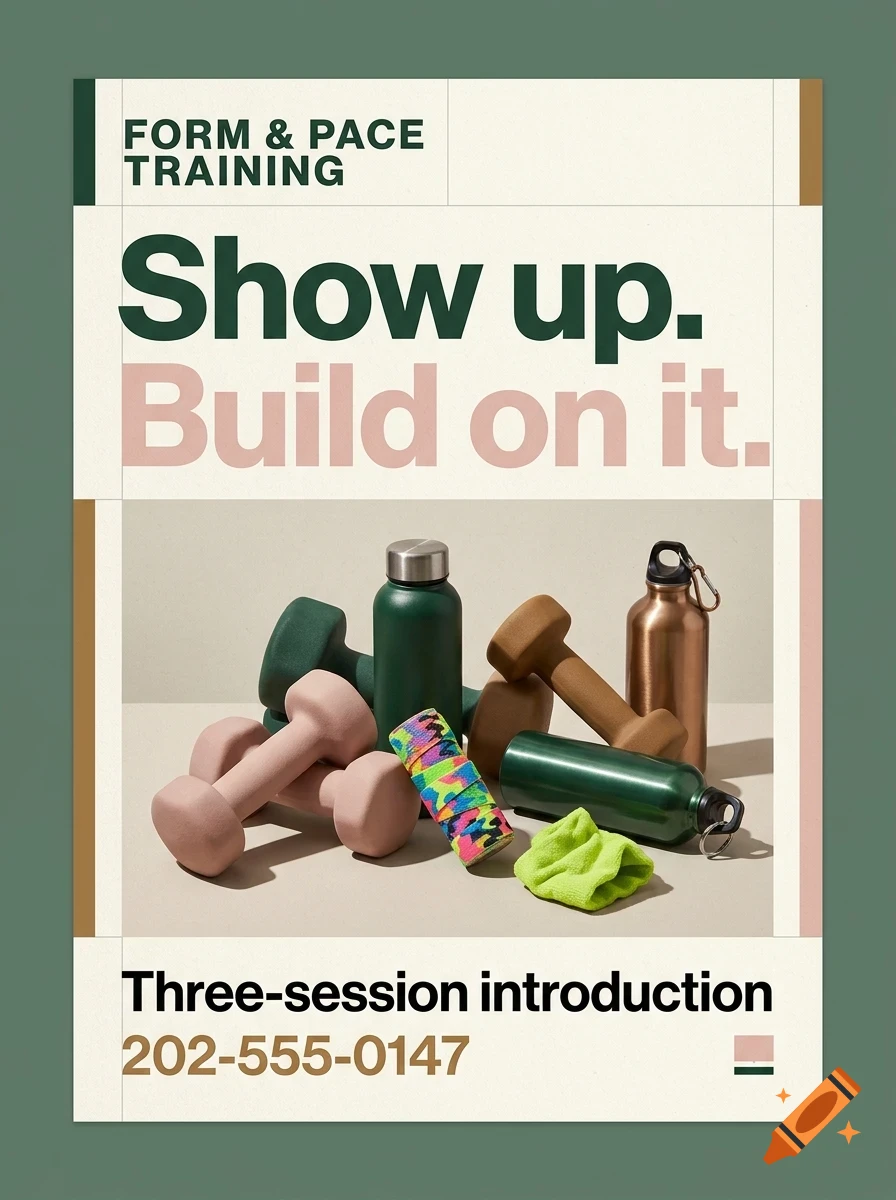 A poster for Form & Pace Training featuring dumbbells and water bottles, with text reading Show up. Build on it.