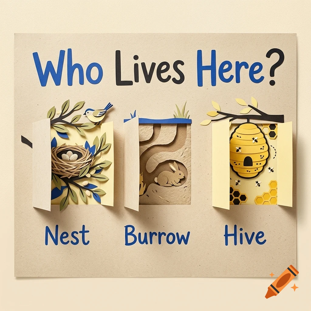 A papercraft educational display titled Who Lives Here with three sections titled Nest, Burrow, and Hive featuring animal homes.