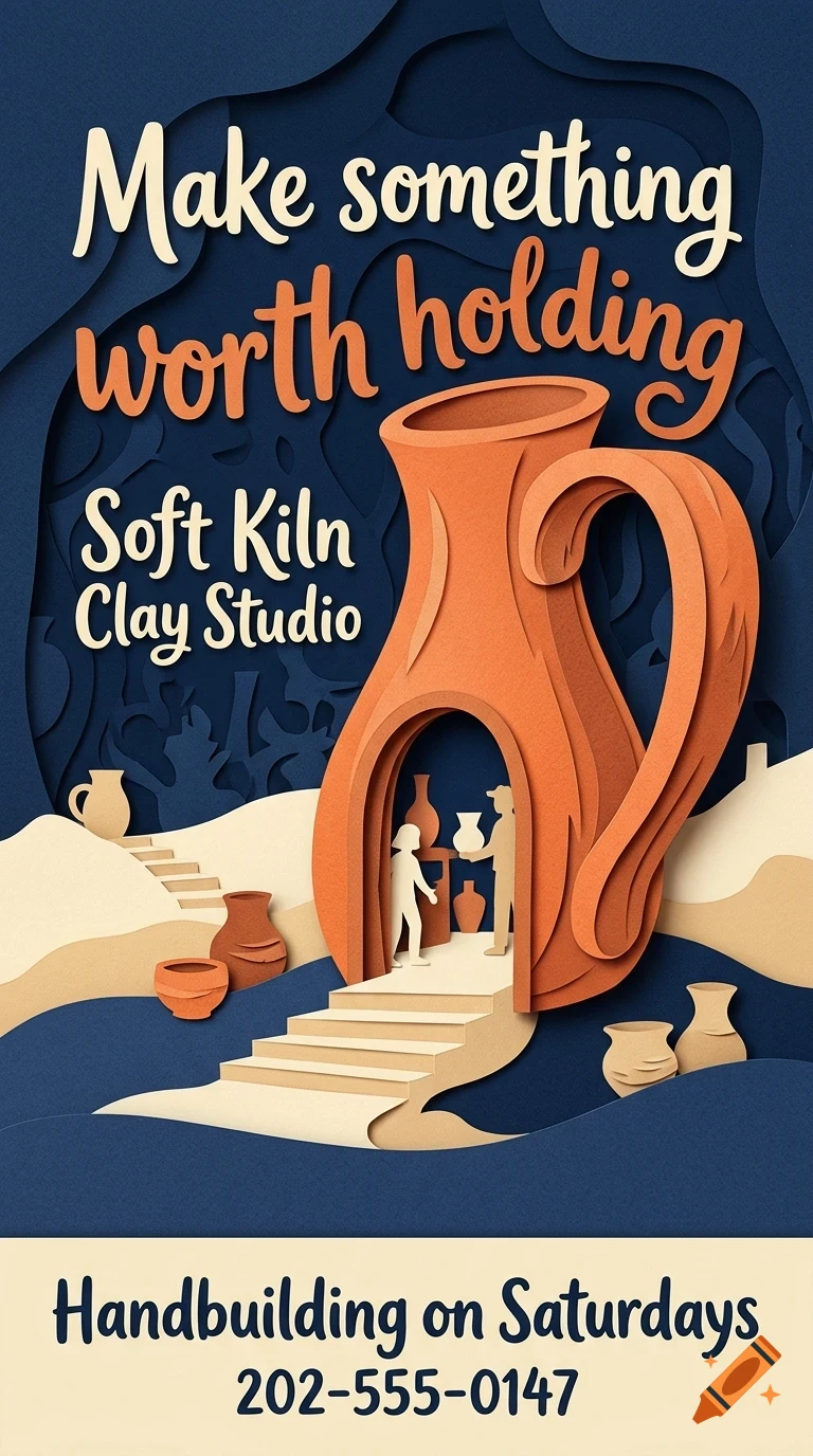 A poster for Soft Kiln Clay Studio featuring layered papercut art of a large clay pitcher, pottery, and figures, with text reading Make something worth holding.