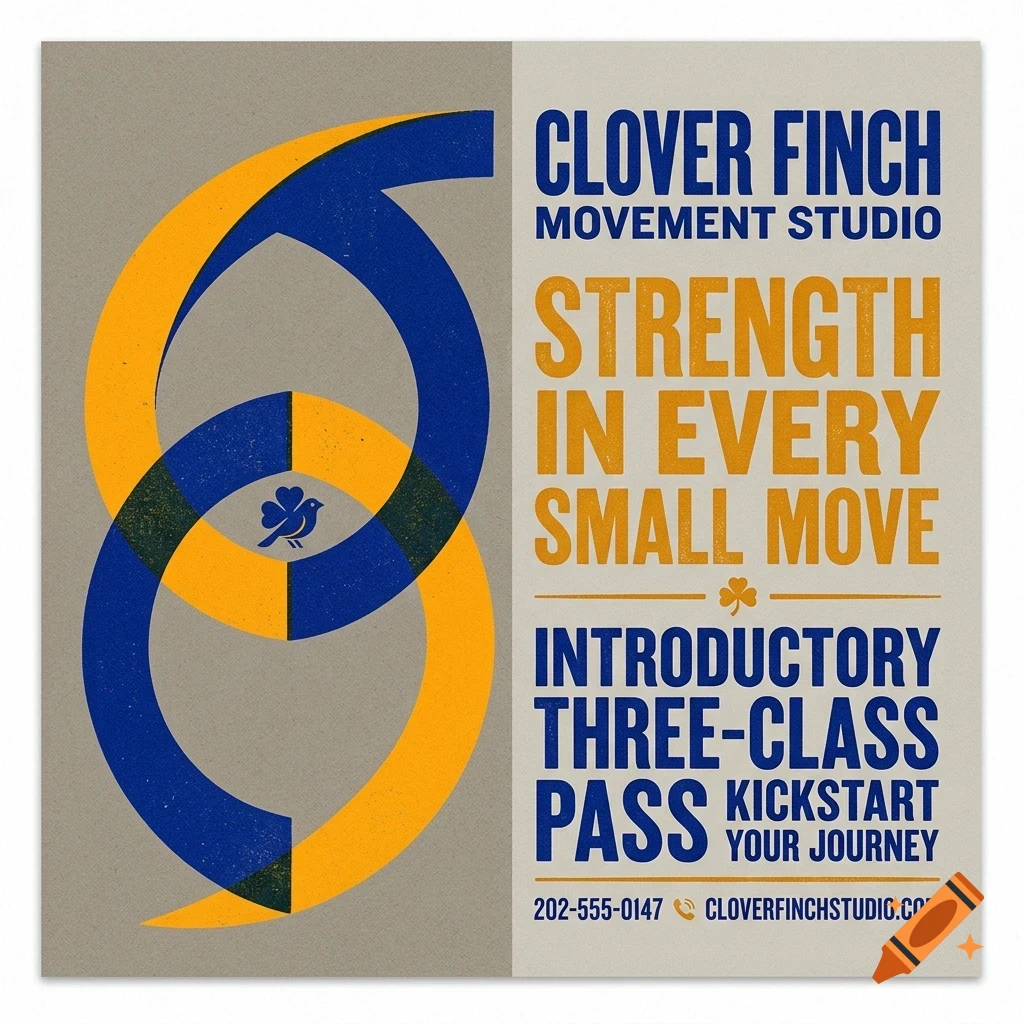 An advertisement for Clover Finch Movement Studio featuring blue and yellow graphic shapes and bold typography.