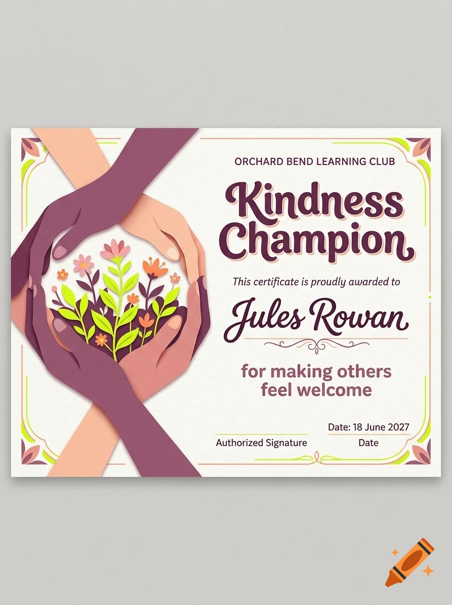 An award certificate featuring stylized hands forming a circle around small flowers and text that reads Kindness Champion.