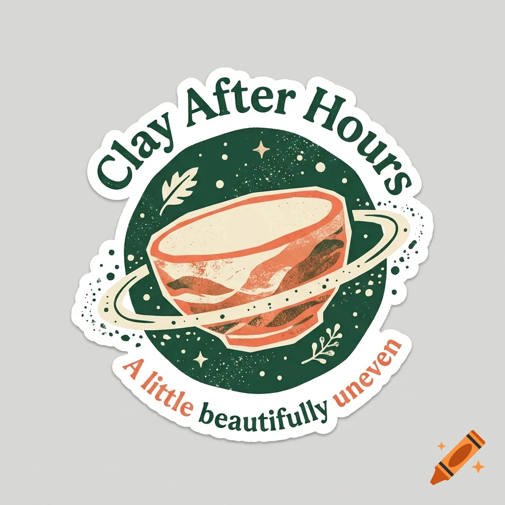 An illustrated sticker with a clay pot shaped like a planet with rings, surrounded by stars and text saying Clay After Hours.
