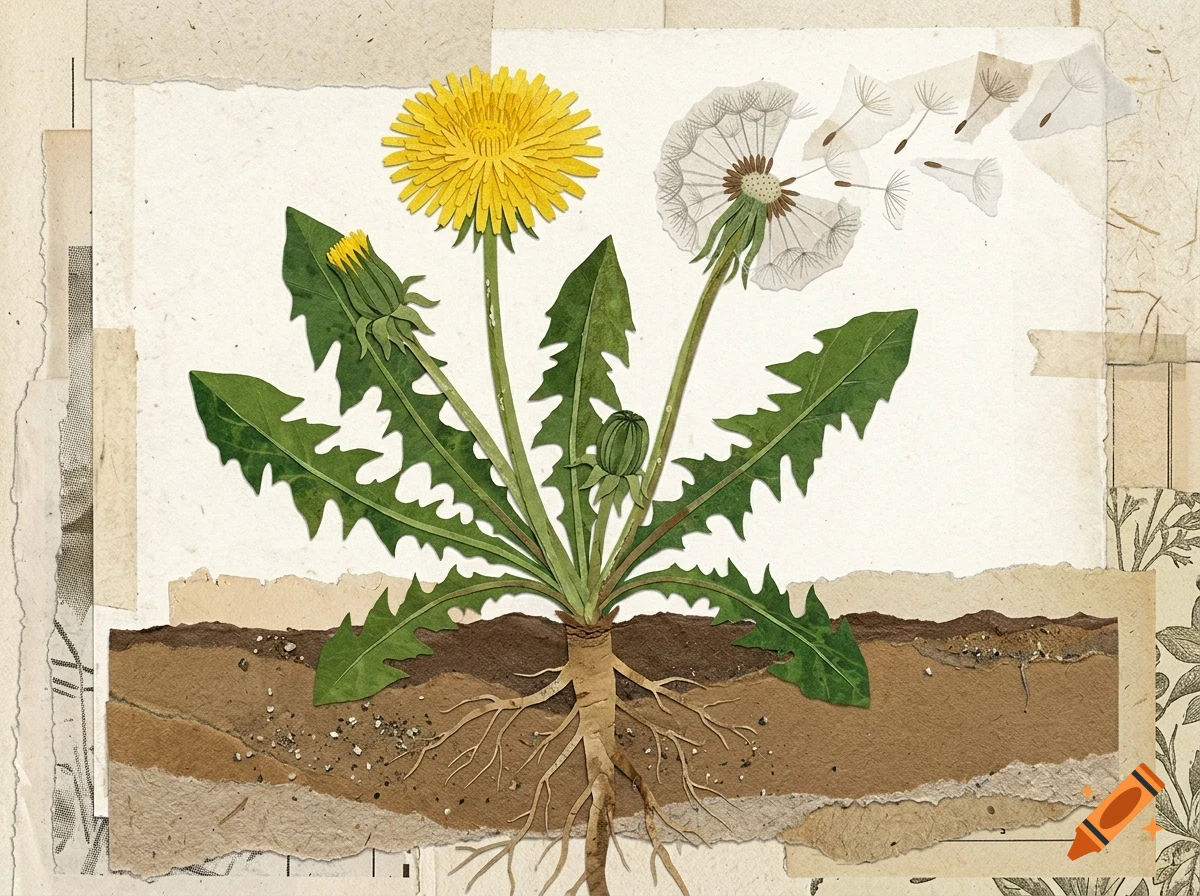A paper-cutout style illustration of a dandelion plant showing green leaves, a yellow flower, a white seed head blowing away, and roots in soil.