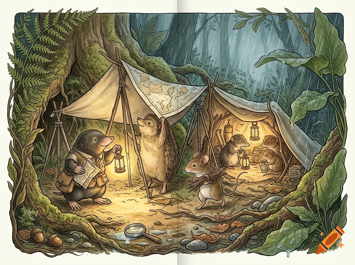 An illustrated woodland scene depicting anthropomorphic animals camping under makeshift tents during rain, including a mole with a lantern and map, a hedgehog holding up a tent pole, mice carrying wood, and other mice inside an illuminated tent.