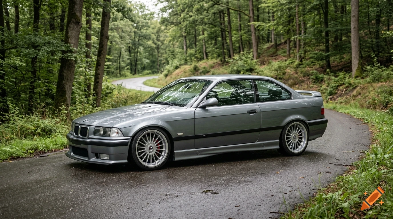 Photorealistic shot of a silver BMW E36 coupe parked on a wet, winding road through a dense green forest.