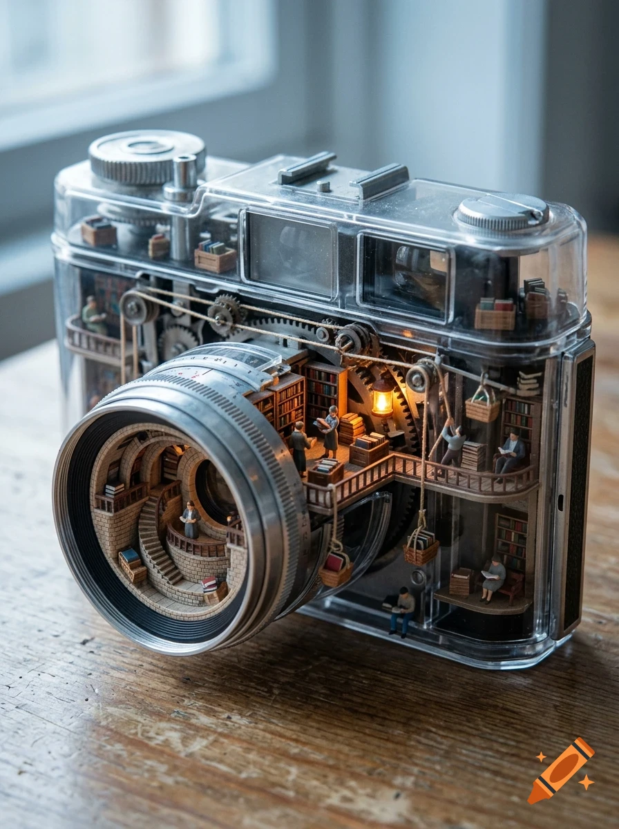 A miniature diorama inside a transparent camera, depicting a library with tiny people, books, and mechanical gears.