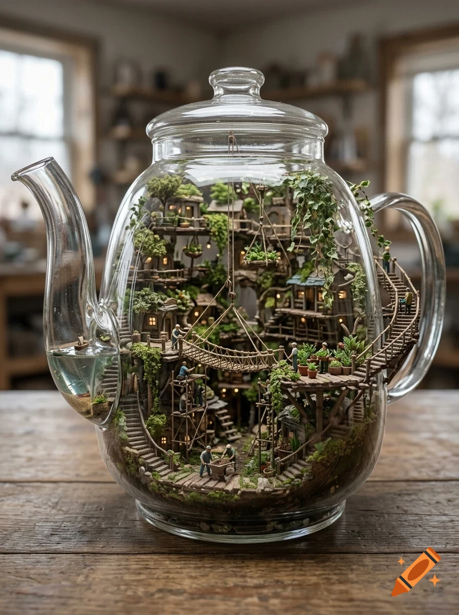 A detailed miniature village built inside a large glass teapot, featuring tiny houses, bridges, plants, and miniature figures.